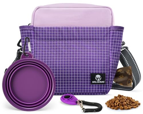 WILDOMS Dog Treat Pouch – Large Capacity with Magnetic Closure, Dog Walking Fanny Pack Built-in Poop Bag Dispenser, Clicker & Collapsible Bowl for Training & Walking - Purple