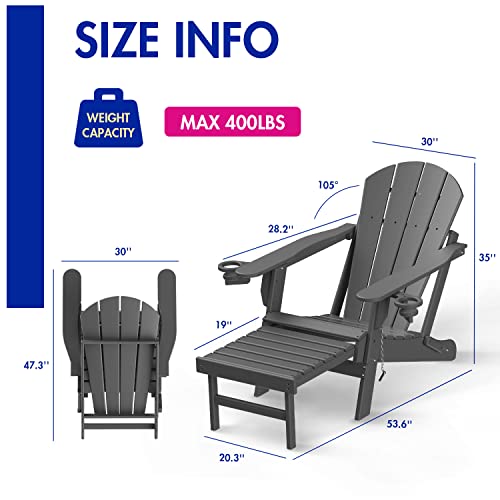 Briopaws Folding Adirondack Chair With Ottoman, Weather Resistant Hdpe Patio Chairs W/Cup Holders & Retractable Footrest For Poolside Lawn Fire Pit Deck Outdoor Porch Campfire, Grey, 1 Pack #TOP2