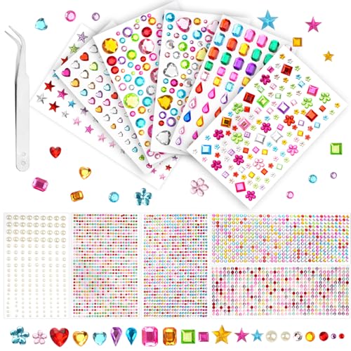 3500 Stk Glitzersteine Selbstklebend, 11 Blätter Strasssteine Selbstklebend, Bunt Glitzer Sticker, Acryl Schmucksteine Aufkleber mit Pinzette, Glitzersteine zum Basteln, Fotorahmen, Nagel Deko