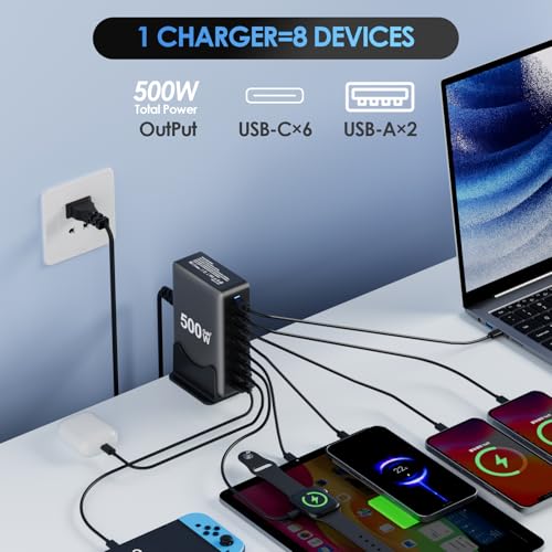 Image of 500W USB C Fast Charger Block, 8 Port Charging Station, GaN Ⅲ Multi Port Charging Station Hub for Multiple Devices, Multiport USB Charger Station Compatible with MacBook iPhone iPad Dell
