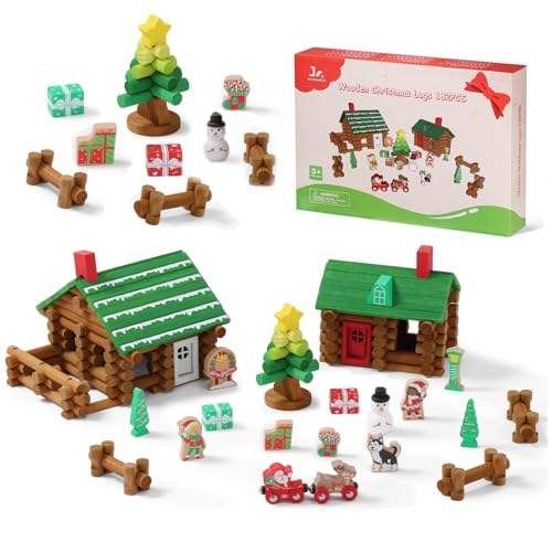 Image of SainSmart Jr. Wooden Logs Set 182 Pcs Building House Toy for Toddlers with Christmas Tree Logs, Classical STEM Construction Kit Compatible with Lincoln Logs for 3+ Kids