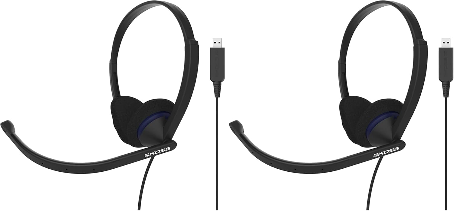 Koss CS200 USB Double-Sided On-Ear Communication Headset, Noise-Cancelling Electret Microphone, Flexible Microphone Arm, Wired with USB Plug, Black (Pack of 2)