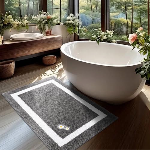 BEQHAUSE Bath-Mats-for-Bathroom-Non-Slip Absorbent Gray Bathroom Rugs Polyester Washable Bath Mat Embroidered Flowery Bath Rugs for Bathroom, Bathtub and Sink,24" x36