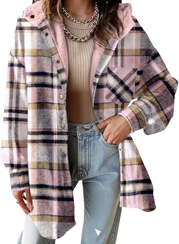 Image of Dokotoo Flannel Shirt Womens Shackets 2025 Winter Coats Fleece Jacket Clothes Sherpa Fleece Jackets Boyfriend Shirt Flannel Plaid Oversized Button up Shacket Hooded 2025 Fall Fashion Outfits Ladies