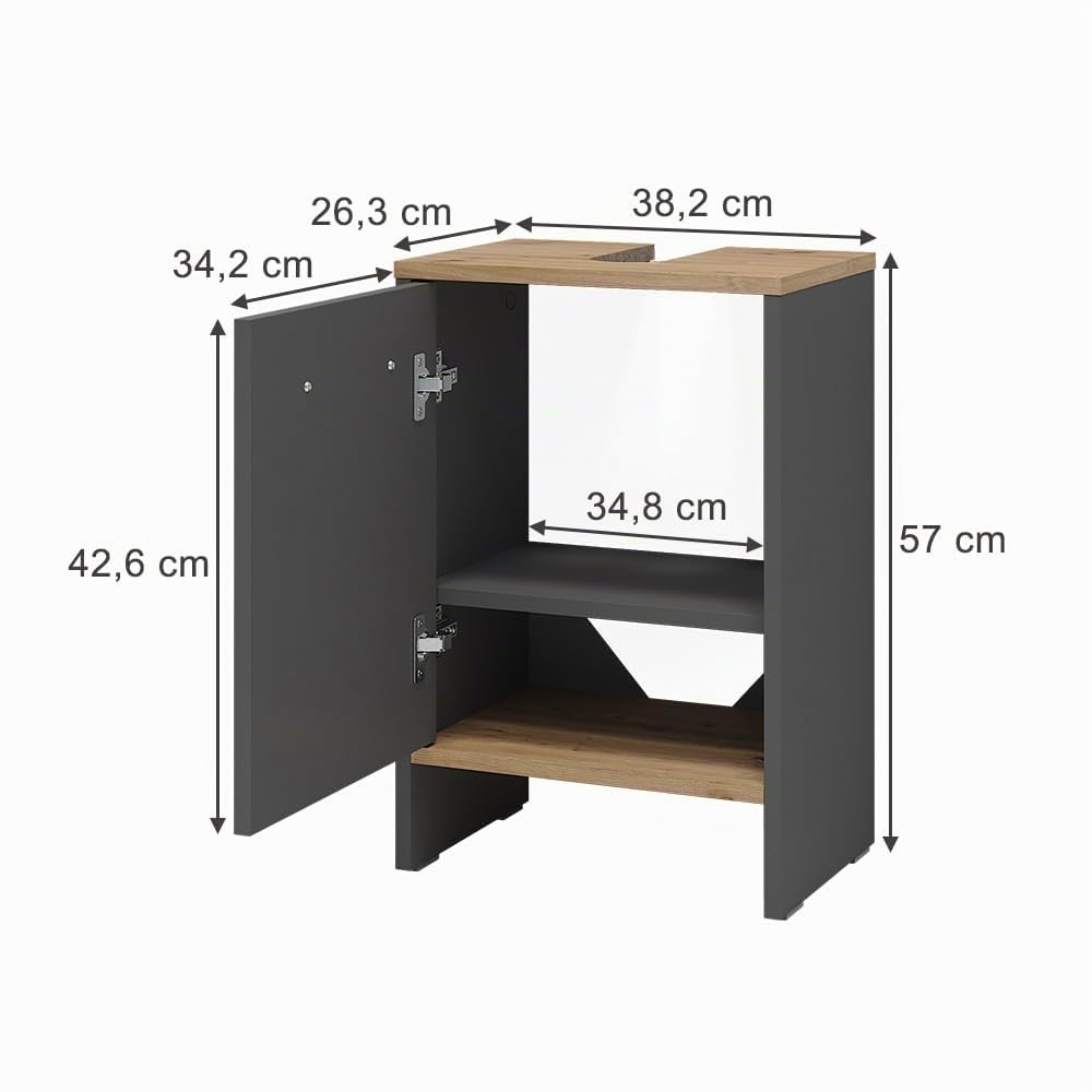 Vicco Mobile sottolavabo per bagno Karli Antracite/Rovere dorato 38.2x57 cm | con la porta, adatto per sifoni standard e facile da montare