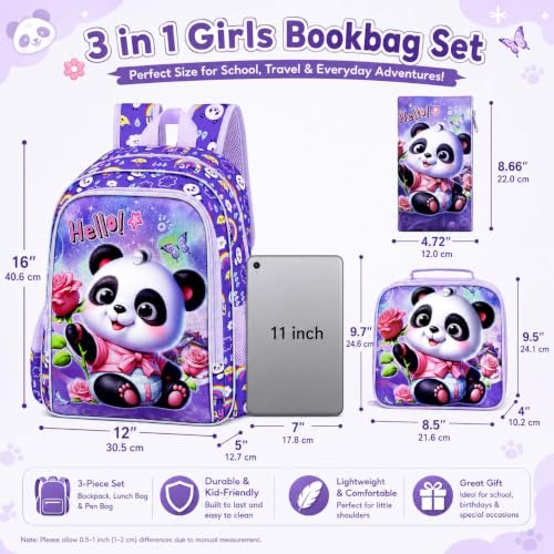 Image of AGSDON 3PCS Kids Backpack for Girls, 16 inch Kid Backpacks Panda Preschool for Elementary, Water Resistant Bookbag with Lunch Box