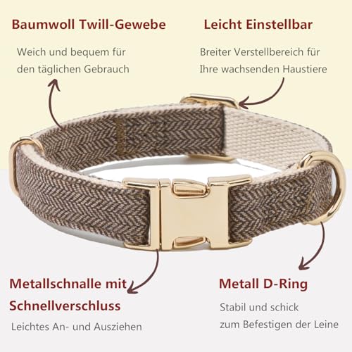 YUDOTE Hundehalsband und Leine Set Klein, Weiche Reizfreie natürlicher Baumwolle mit Twillgewebe für Hund mit empfindlicher Haut, Graubraun