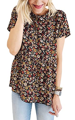 Hibluco Women's Summer Tops Short Sleeve Round Neck Floral Print Shirt Tunic Blouse Black