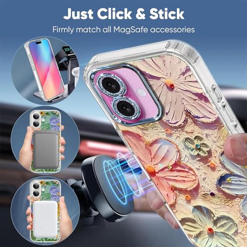 Image of VONZEE Laser Flower Case Compatible with iPhone 16, Colorful Oil Painting Design, Shockproof PC+TPU Hybrid Cover, Full Camera Protection Glossy Cute Protective Case for Women & Girls, Pink