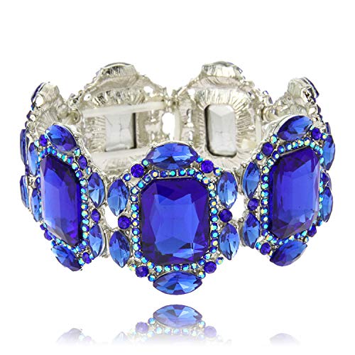 SP Sophia Collection Women's Bold Medieval Inspired Square Cut Statement Crystal Stretch Bracelet Silver Blue SP Sophia Collection Women's Bold Medieval Inspired Square Cut Statement Crystal Stretch Bracelet Silver Blue