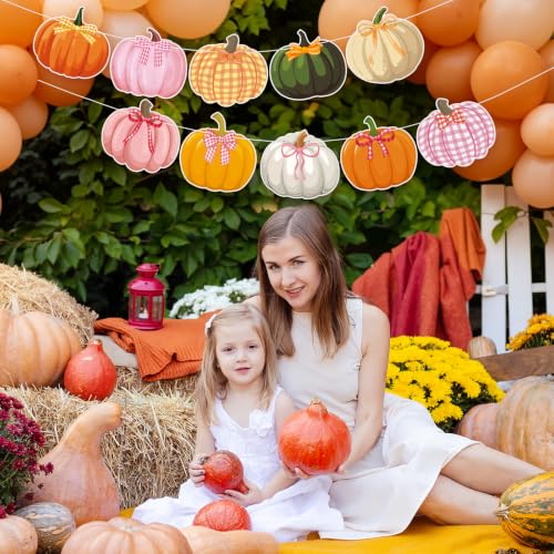 Image of Bow Pumpkin Banner Fall Thanksgiving Pumpkin Party Banner Garland Sign | Orange Pink Fall Autumn Birthday Party Thanksgiving Home Fireplace Mantel Decor
