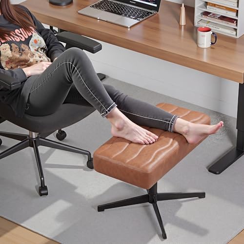 Image of VECELO Under Desk Footrest, PU Ergonomic Foot Rest with Comfort Padding, Height Adjustable for Relieving Leg Pain, Stiffness, and etc, Brown