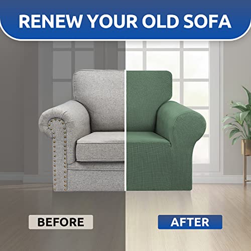 KEKUOU Stretch Single Sofa Slipcover 1 Piece Couch Sofa Cover (31"-55") Furniture Protector 1 Seater Sofa with Elastic Bottom for Kids,Pet.Jacquard Small Checked Pattern Fabric(Small,Greyish Green)