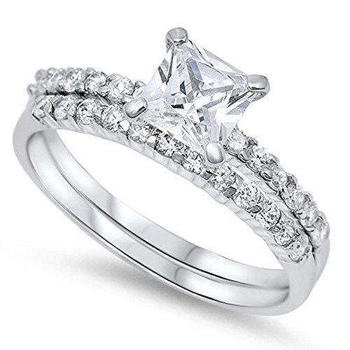 Oxford Diamond Co Cushion Cut Round Solitaire Wedding Set .925 Sterling Silver Ring Size 6