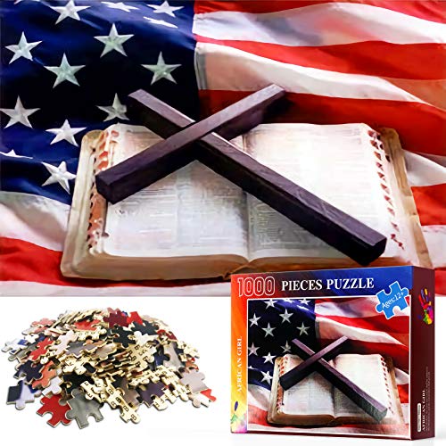 najiaxiaowu Wooden Jigsaw Puzzle 1000 Pcs American Flag and Bible Large Size 1000 Pieces of Wooden Puzzle,Unique Home Decorations and Gifts Montana 