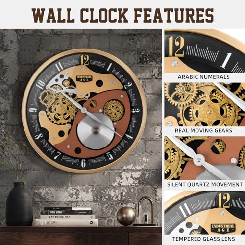 Image of Moving Gear Wall Clock - 18 inch Large Industrial Steampunk Decorative Clock