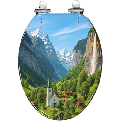Elongated Toilet Seat church Staubbach Falls Lauterbrunnen Switzerland Resin Toilet Seat Slow Quiet Close Lid with Quick-Release Hinges Cover Bumpers Easy to Clean Install