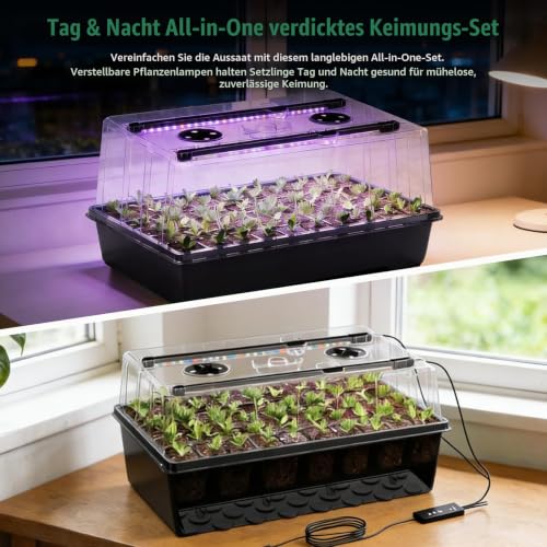 Foto von ROCKY&CHAO 60-Zellen selbstbewässerndes Zimmergewächshaus Anzuchtset mit Pflanzenlampe, Mini Gewächshaus für Anzucht & Sämlinge, 42 × 27.6 × 19cm