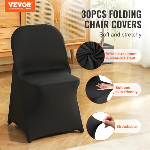 Image of VEVOR Elastic Spandex Folding Chair Cover Universal Fit Chair Cover Removable Washable Protective Sofa Cover for Weddings, Festivals, Banquets, Parties, Celebrations, Dinners (Black-c, 30PCS)