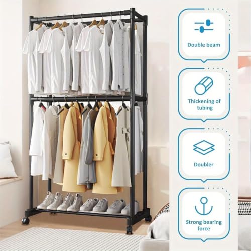 Image of Metal Multifunctional Heavy-Duty Quality Garment Stand Cloth Rack Freestanding Storage with Bottom Shelves Adjustable Single Solid Stainless Steel Spider (Double Stnad)