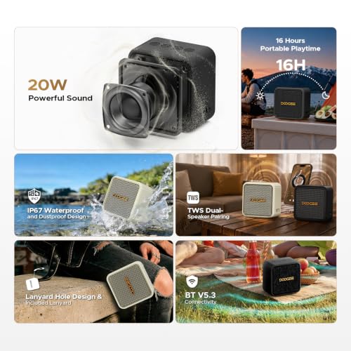 Portable Bluetooth Speaker, Compact Wireless Speaker with Deep Bass, Loud Stereo Sound, IP67 Waterproof/Dustproof, 16-Hour Playtime, TWS Pairing, USB, AUX, TF Card, for Home, Travel, and Outdoor