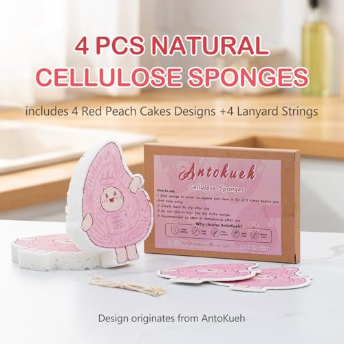 Image of 4-Pack AntoKueh Cellulose Compressed Sponges - Cute Cartoon Shapes, Natural Kitchen Sponges for Cleaning, Eco-Friendly&Reusable, Odor-Free