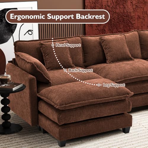 Image of Ihanherry 111.4 inch U Shaped Modern Sofa Modular Sectional Luxurious and Comfortable with 2 Ottoman, 5-Seat Chenille Deep Seat Sofa with Pillow for Living Room, Bedroom and Apartment, Brick Red