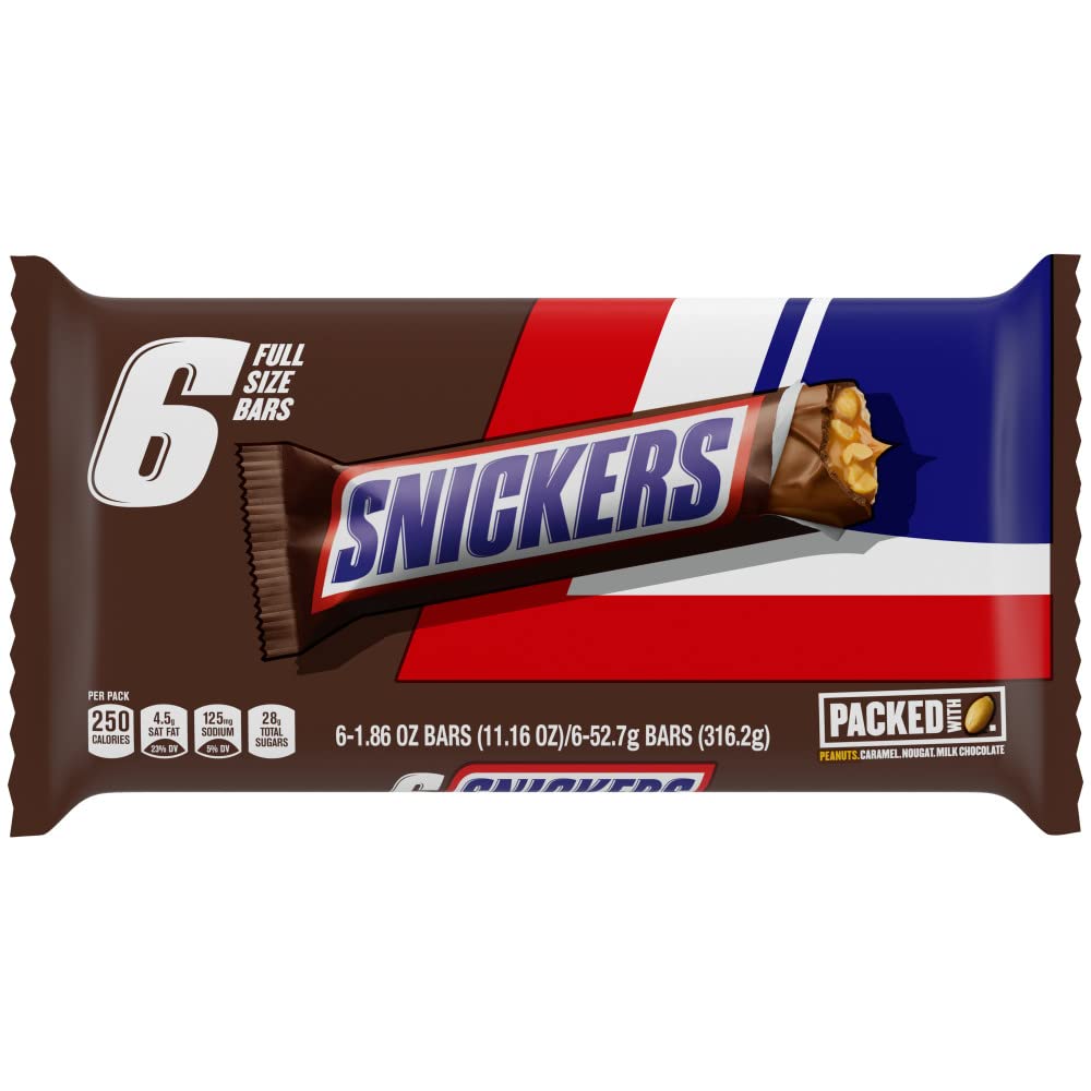SNICKERS Full Size Milk Chocolate Candy Bars Father’s Day Gift - 11.16 oz, 6 Chocolate Bars Pack