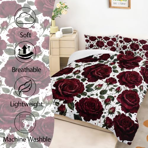 Image of AILONEN Wine Floral Full Duvet Set 3 Piece, 1 Comforter + 2 Pillowcases, Large Rose Heads Dark Green Foliage Crisp White Background for Elegant Guest Room