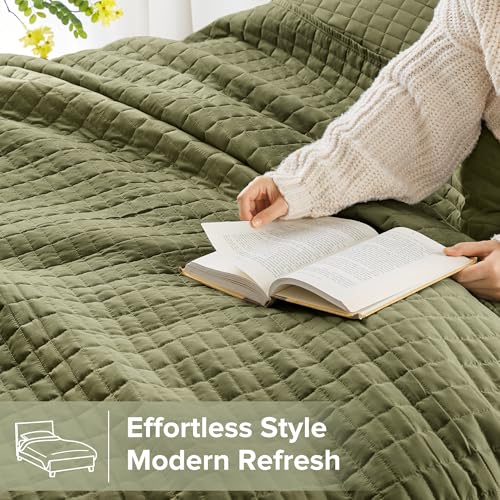 Comfort Spaces Twin Quilt Set Modern Reversible Plaid Coverlet Twin Bedding Set Cozy Quilted Winter Layer, All Season Lightweight Soft Twin Size Quilt, Kienna, Twin/Twin XL Olive Green 2 Piece