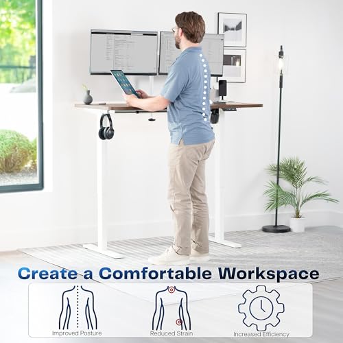 Image of VIVO Rustic Vintage Brown 55 x 28 in Standing Desk, DESK-KIT-1W55N | Electric, Holds 220 lbs, Sit Stand, Height Adjustable, Solid One-Piece Table Top, Memory Presets, 1B Series, White Frame