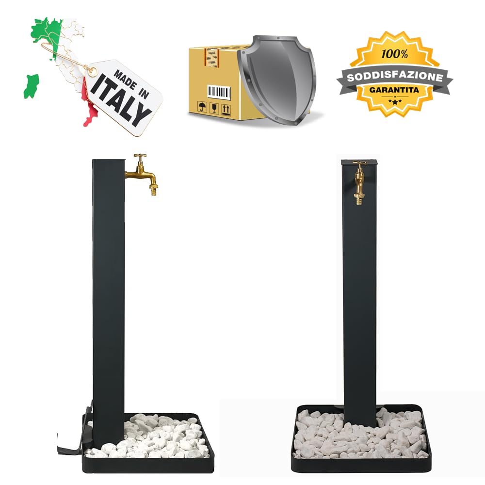 Fontana da giardino. Fontanella da giardino, per esterno, antracite. Rubinetto in ottone, flessibile, raccordo e ciottoli Compresi