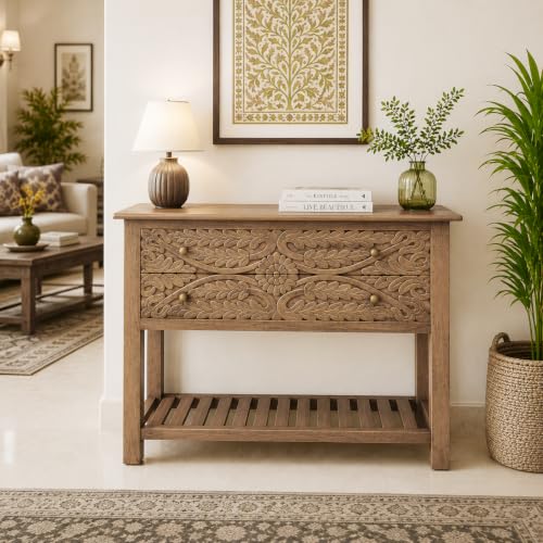 Image of The Attic Jodhpur Console Table, Light Teak FinishThe Attic Jodhpur Console Table, Table for Living Room Foyer, Solid Wood Classy Table, Light Teak Finish