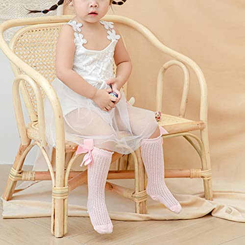 Actlati 3/5 Pairs Baby Girls Knee High Socks Toddlers Bow Cotton Mesh Anti-Skid Knitting Stockings Suitable For 0-3 Years #TOP3