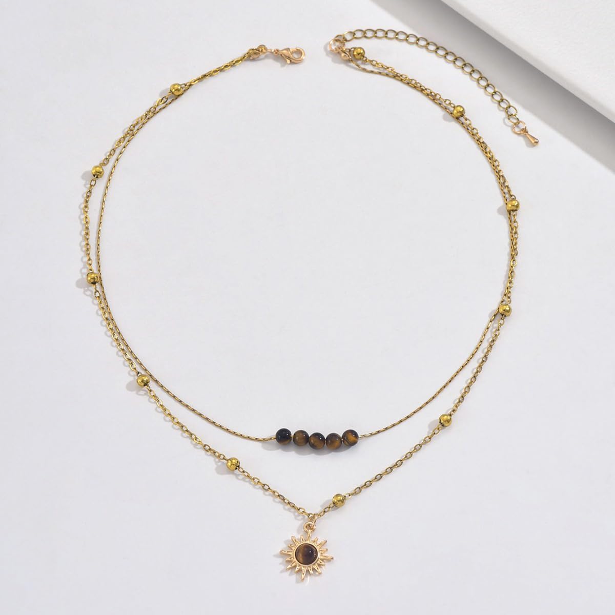 MYANAIL Tigers Eye Stone Sun Pendant Layered Necklaces for Women 14K Gold Maillard Tiger's Eye Beaded Choker Necklace Jewelry Accessory Spiritual Healing Stone Stacked Chain Necklaces