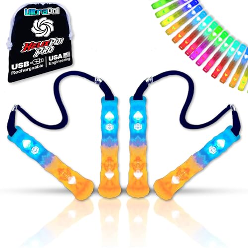 Product Image of the UltraPoi Double LED Helix Poi Pro Set – USB Rechargeable Flow Toys with Ergonomic LED Knob Handles and Adjustable Leashes with 50+ Color Modes - Spinning Toy for Rave, Festival, Light Shows and More