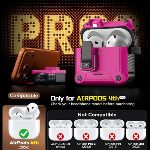 Image of Inesore for AirPods 4 Case with Secure Lock (Rose red) | Phone Stand Design,Compatible with MagSafe,Automatic Snap Switch Secure Cover Carbon Fiber Texture with Cleaner Kit