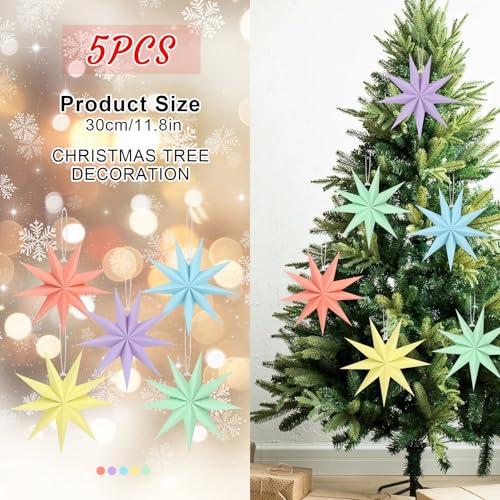 Image of 12 Inches 5 PCS Paper Star Lanterns Hanging Pastel Stars Christmas Party Decorations Pastel Lampshade Christmas Home Party Decorations(9 Pointed)