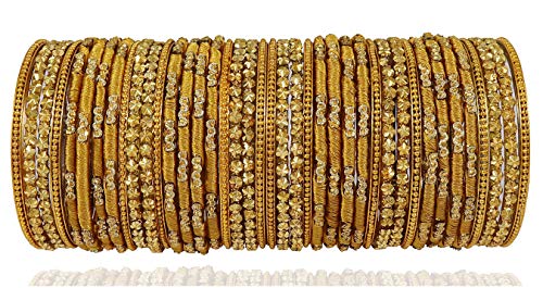 Image of NMII Golden Color Silk Thread & Glass Bangles Set For Girls & Women (Golden,2.8)