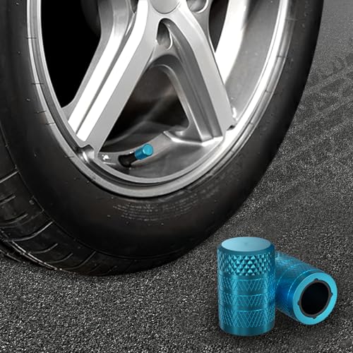 Image of CKAuto Tire Valve Stem Caps, Cyan, 4 pcs /Pack | Anodized Aluminum Tire Valve Cap Set, Corrosion Resistant, Universal Stem Covers for Cars Trucks Motorcycles SUVs and Bikes