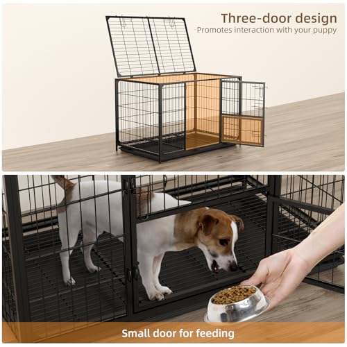 VOWNER Hundekäfig Hochbelastbar, 3 Türen Hundebox, 93 x 56 x 60 cm, für kleine und mittelgroße Hunde, 2 abnehmbare Türen mit Herausnehmbares Bodenschale, M Gitterbox für Zuhause, Schwarz