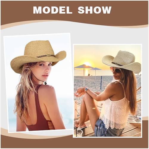 Image of Straw Cowboy Hats Western Cowgirl Hat for Holiday Woven Beach Sun Hat with Shapeable Wide Brim Cowboy Hat for Women /Men