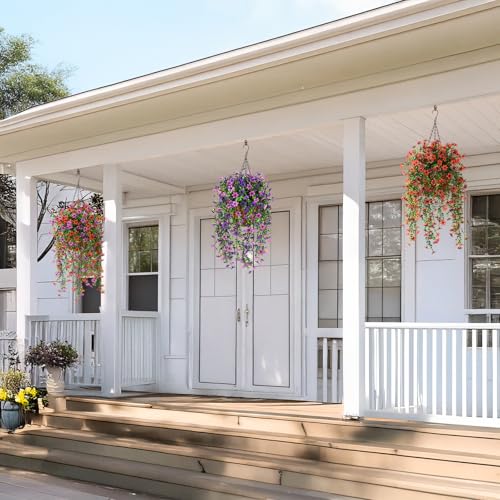 Artificial Fake Hanging Flowers Plants for Outdoor Spring Decoration,2 PCS Faux Silk Daisy with Eucalyptus Leaves,UV Resistant Look Real for Outside Home Indoor Planter Porch Patio Balcony Yard Decor