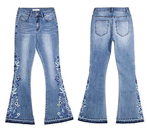 Andongnywell Womens Embroidered Flare Jeans Mid Waist Stretchy Flared Jean Floral Embroidery Bell Bottom Denim Pants2