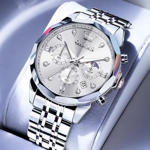 Image of OLEVS Watch for Men Luxury Gold Diamond Chronograph Business Wristwatch with Analog Quartz, Date Calendar, Stainless Steel Band, Luminous Hands, Waterproof
