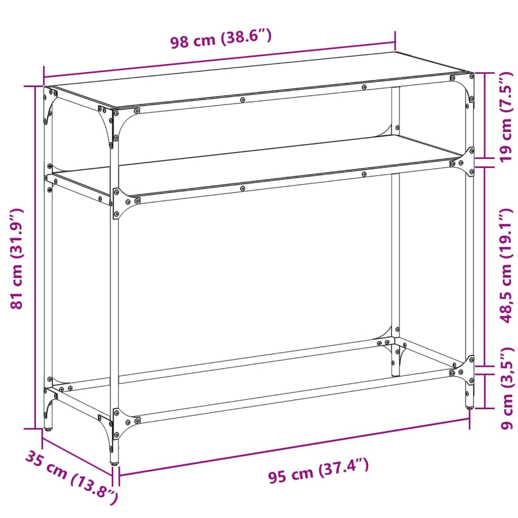 Tavolo consolle da corridoio, tavolino in vetro nero, 98 x 35 x 81 cm, in acciaio, tavolo da parete come ripiano per decorazione, vasi, lampade, chiavi in corridoio, corridoio, soggiorno