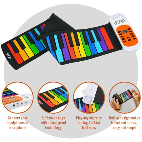 3rd Avenue 49 Key Rainbow Soft Touch Roll Up Piano Keyboard for Beginners with Built-In Speaker, Multi, 49 Key - Roll Up - Image 2