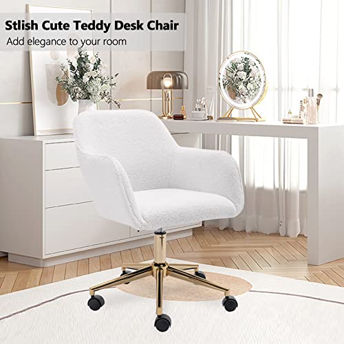 Modern Teddy Home Office Chair, Upholstered Cute Desk Chair With Gold Metal Legs, Adjustable Swivel Task Chair With Wheels, Vanity Chair For Girls Women Small Space Bedroom Study Makeup, White #TOP7