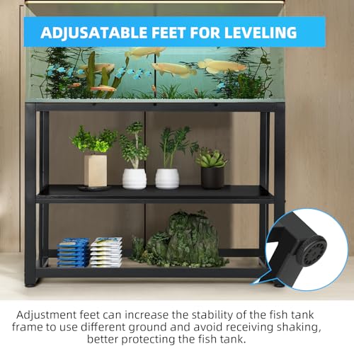 VOWNER 55-75 Gallon Fish Tank Stand - Metal Aquarium Stand, 48.4" x 14.9" x 29.5" Heavy Duty Reptile Tank Stand, Adjustable 2-Tier Fish Tank Rack Shelf for Home Office, Tank not Included, Black