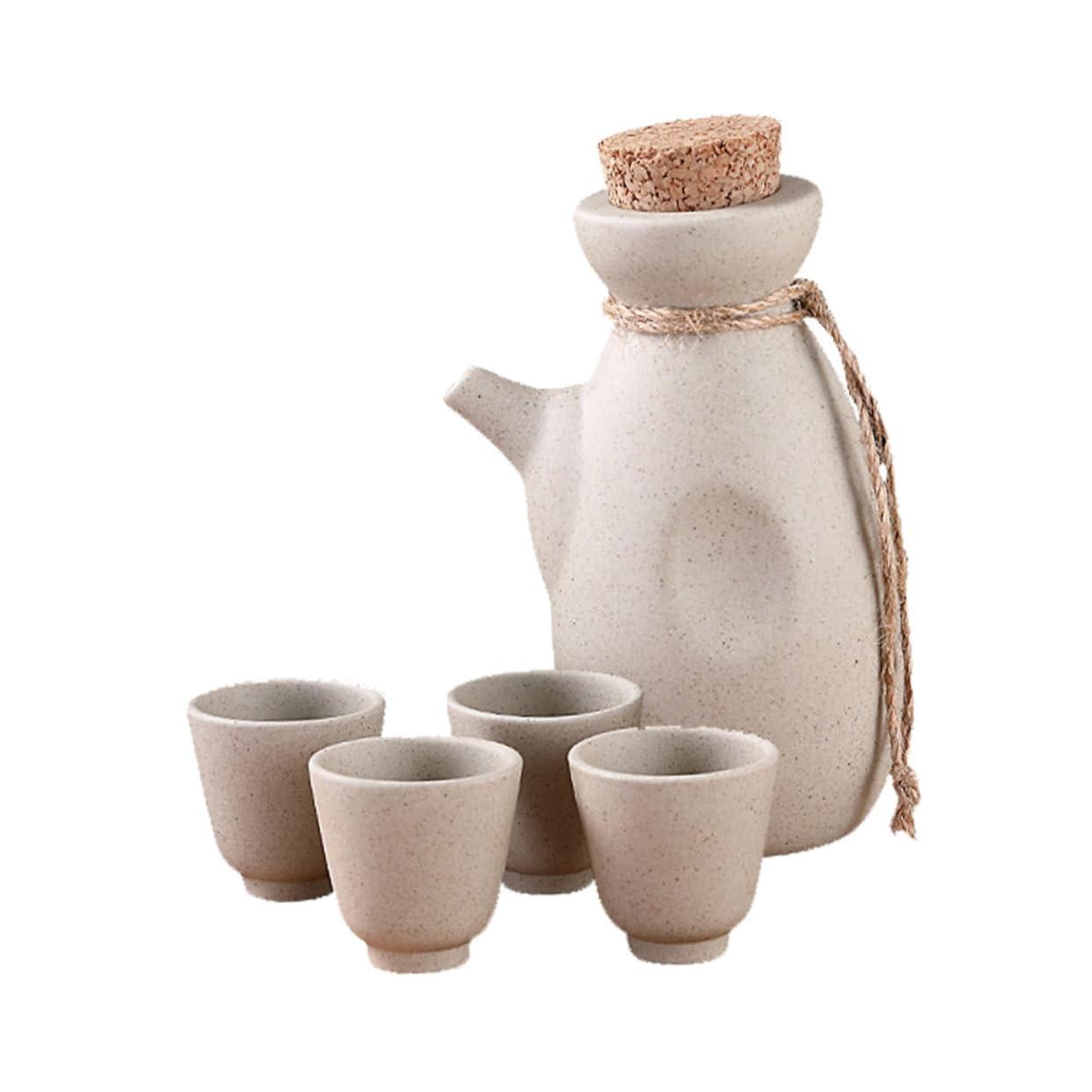 Service à Saké Japonerie 1 Bouteille 300ml 4 Coupes en Céramique Beige